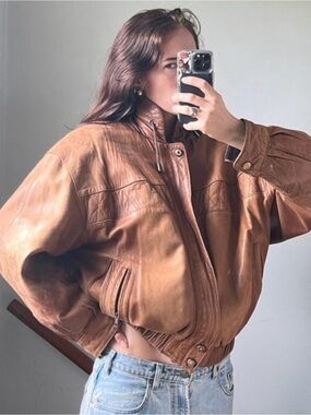 Vintage 90s Leather Bomber Jacket | Quilted Funnel Neck | Oversized Brown | L